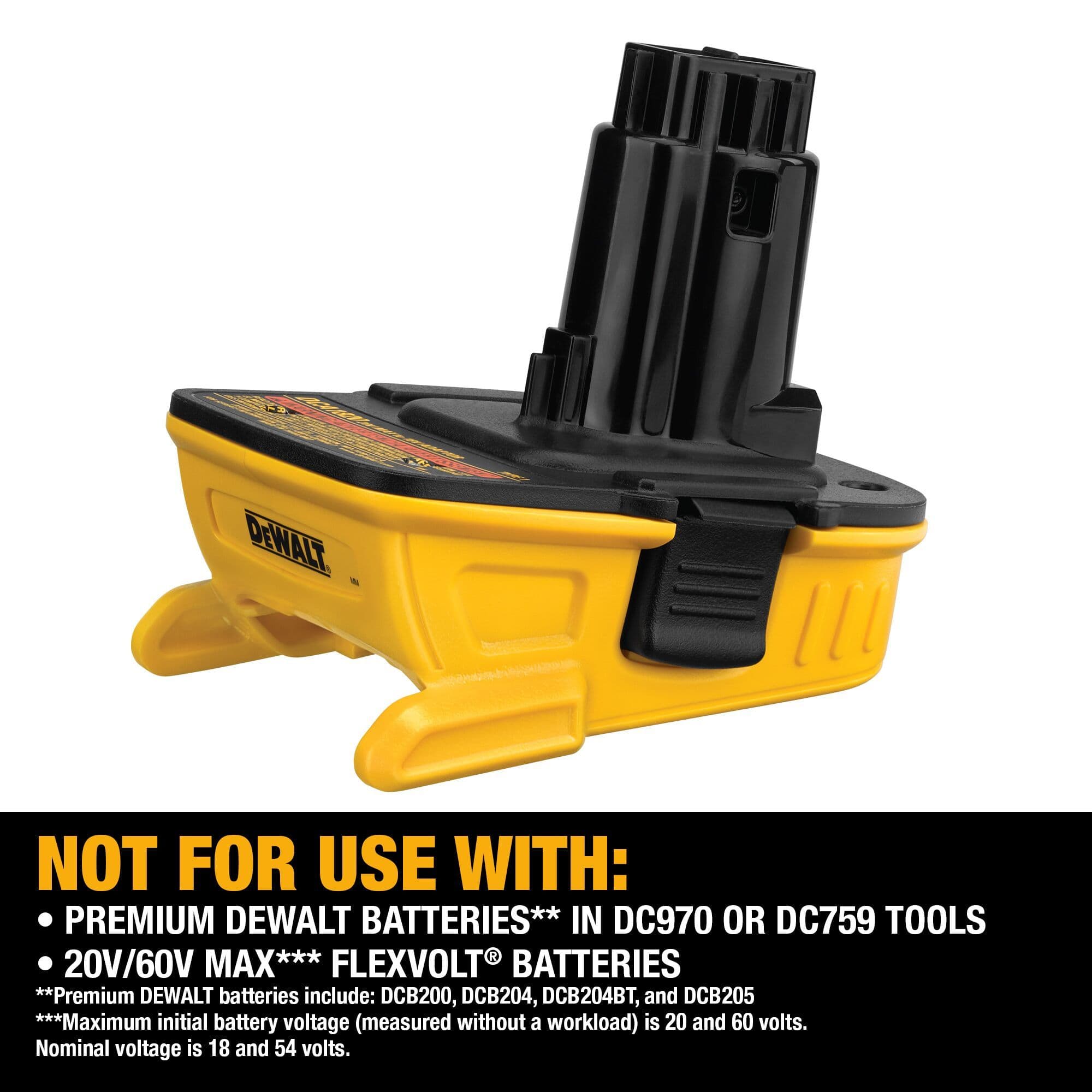 A close-up view of the DEWALT battery adapter with a text overlay stating that it is not for use with premium DEWALT batteries in DC970 or DC759 tools, nor with 20V/60V FLEXVOLT batteries.