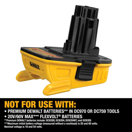 A close-up view of the DEWALT battery adapter with a text overlay stating that it is not for use with premium DEWALT batteries in DC970 or DC759 tools, nor with 20V/60V FLEXVOLT batteries.