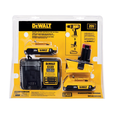 The DEWALT DCA2203C Battery Adapter Kit in its original clear plastic retail clamshell packaging, showing the adapter, charger, and two batteries ready for professional upgrade.