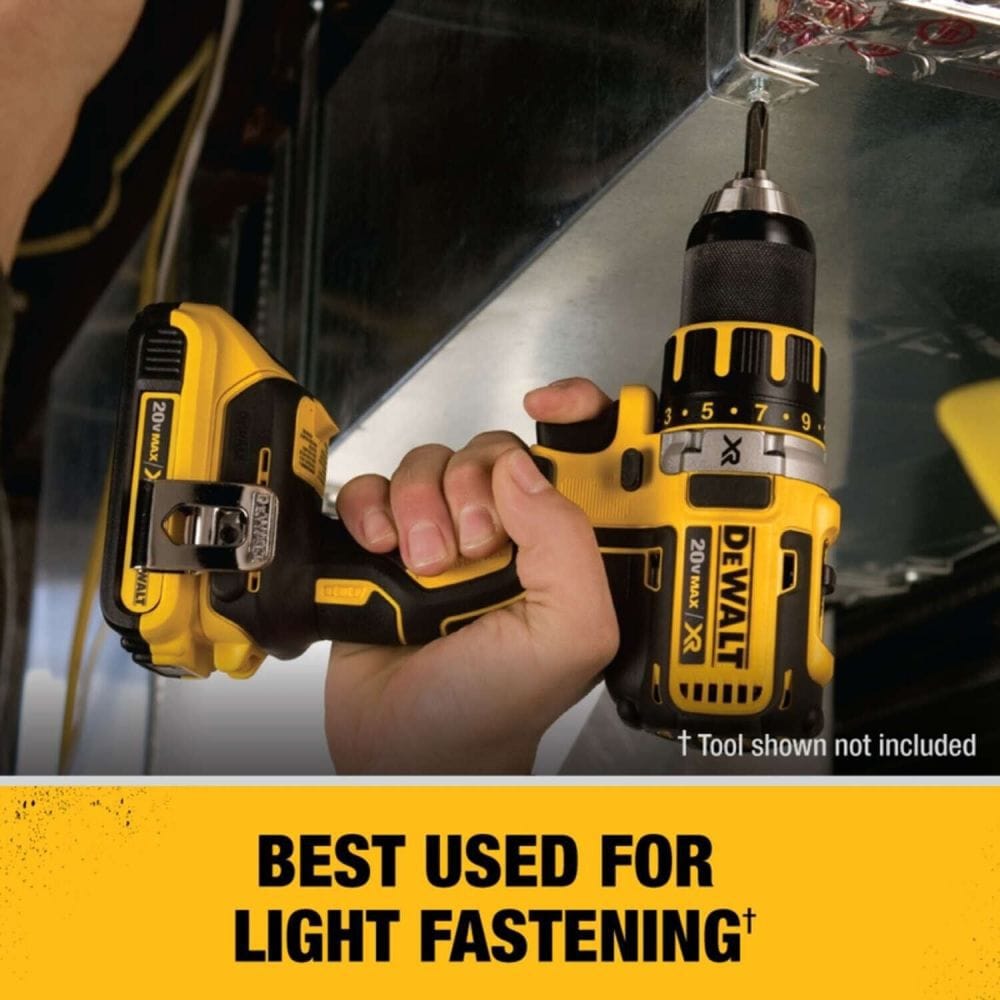 An action shot of a professional using an 18V DEWALT drill-driver with the 20V MAX adapter and battery installed to drive a screw into metal, with a banner stating the system is best used for light fastening applications.