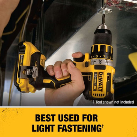 An action shot of a professional using an 18V DEWALT drill-driver with the 20V MAX adapter and battery installed to drive a screw into metal, with a banner stating the system is best used for light fastening applications.