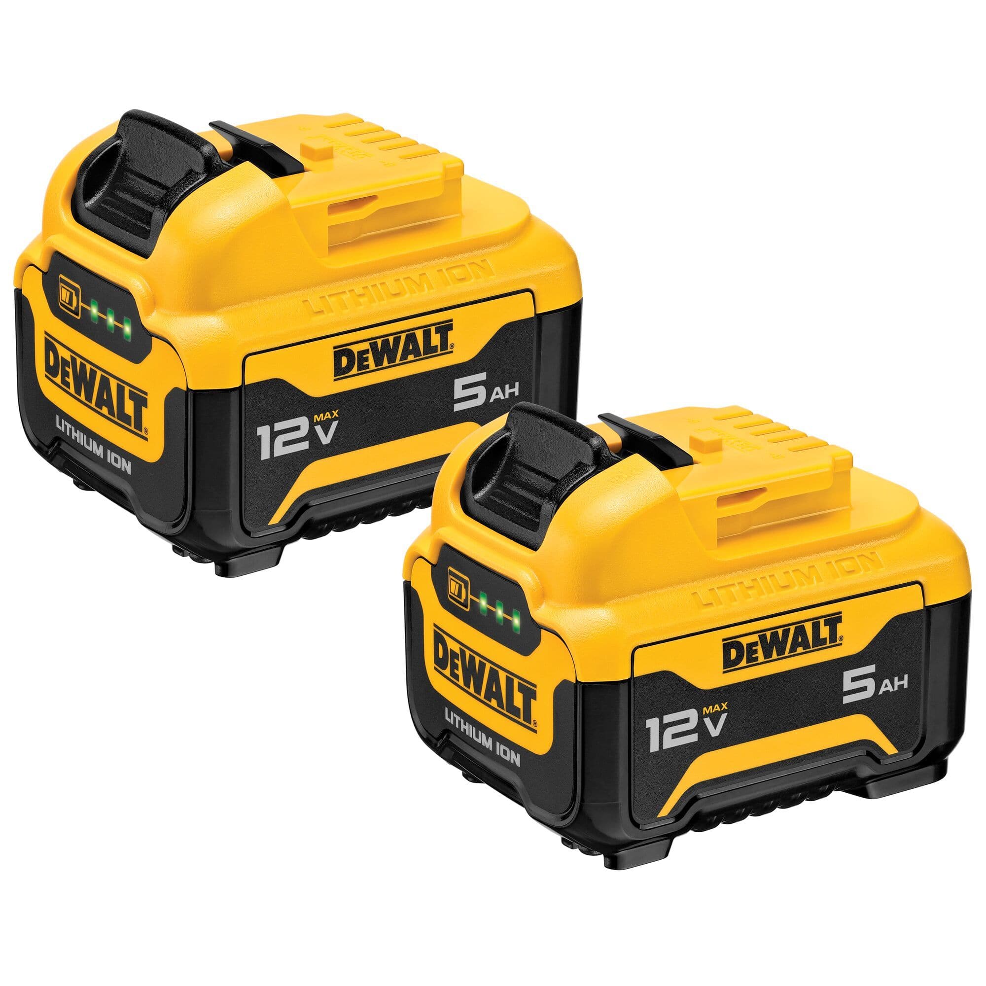 Two DEWALT DCB126 12V MAX 5.0 Ah Lithium-Ion batteries displayed together, showcasing the high-capacity design and integrated 3-LED state-of-charge indicators.