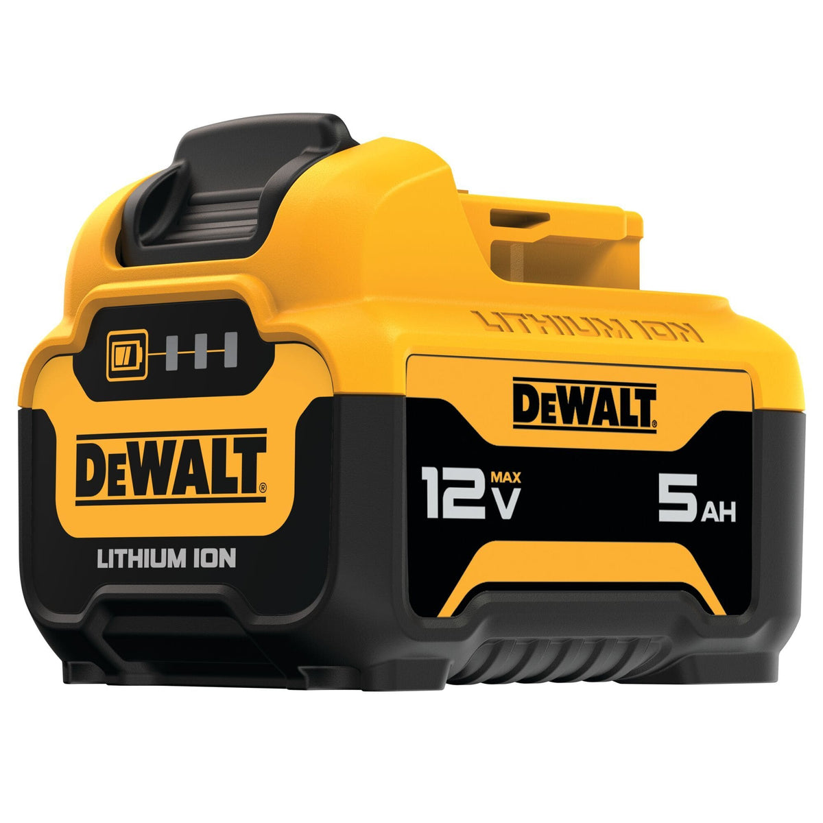 Rear perspective view of the DEWALT 12V MAX 5Ah Battery highlighting the durable black and yellow housing, the XR branding, and the secure latching mechanism for cordless tool connection.