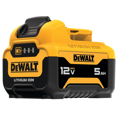 Rear perspective view of the DEWALT 12V MAX 5Ah Battery highlighting the durable black and yellow housing, the XR branding, and the secure latching mechanism for cordless tool connection.