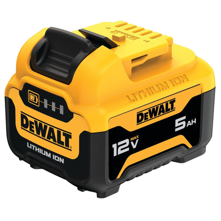 Isometric view of the DEWALT DCB126 High Capacity Battery emphasizing the compact footprint and the premium lithium-ion construction for extended runtime on the jobsite.