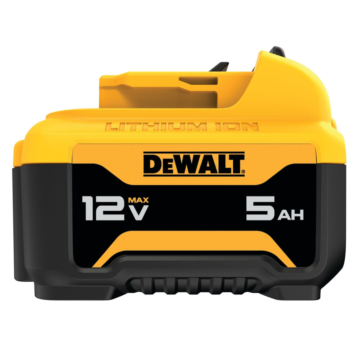 Left-side profile of the DEWALT 12V MAX 5Ah Lithium-Ion Battery showcasing the branding and the clear labeling for the 5.0 amp-hour capacity.