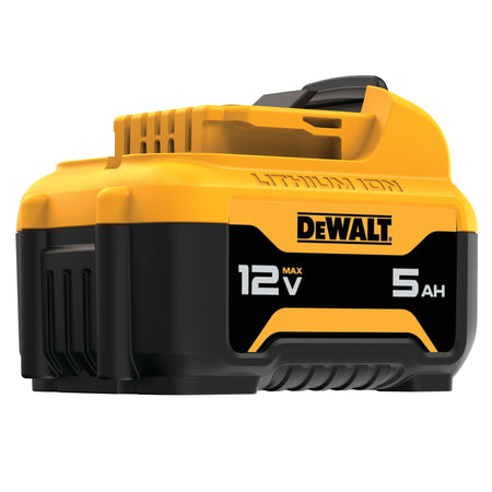 Right-side profile of the DEWALT DCB126 12V MAX Battery showing the rugged ventilation slots and the high-visibility yellow top housing designed for tough work environments.