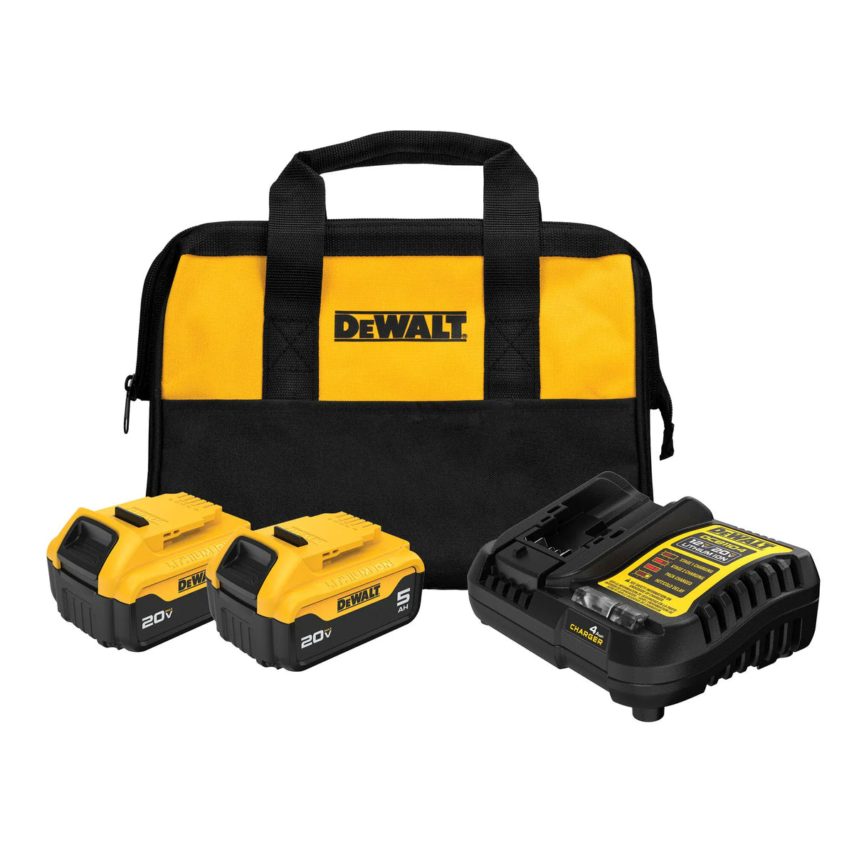 Complete DeWALT battery kit including two 20V MAX lithium-ion batteries, a fast charger, and branded soft storage bag. The components are arranged to showcase compatibility and convenience for cordless tool users.