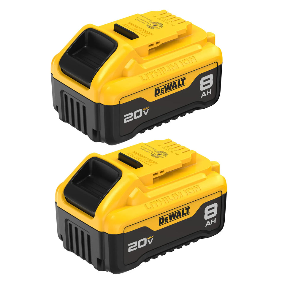 A studio product view of the DEWALT DCB208-2 battery pack, featuring two 20V MAX 8Ah high-capacity lithium-ion batteries. The batteries are shown in the classic DEWALT yellow and black color scheme with 8 AH branding on the side.