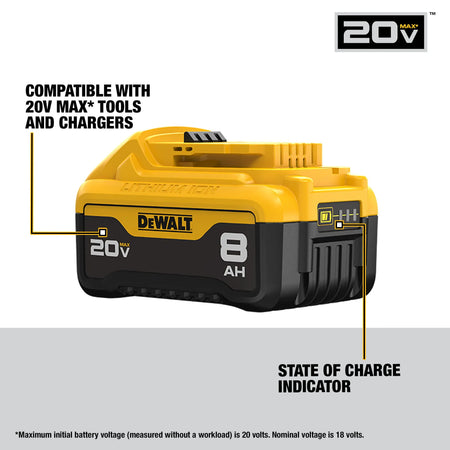 A marketing graphic of a single DEWALT 20V 8Ah battery highlighting key features. Callouts indicate compatibility with the full range of DEWALT 20V MAX tools and chargers, as well as the integrated 3-LED state of charge fuel gauge.