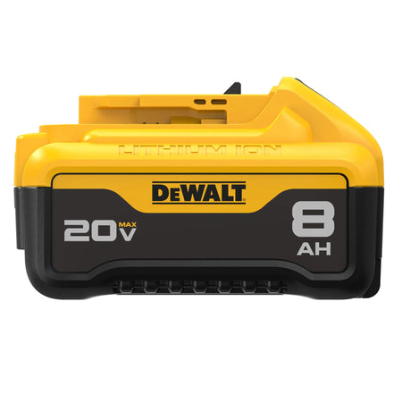 The opposite side profile view of the DEWALT 20V MAX lithium-ion battery. The branding and model specifications are clearly visible on the black lower half of the 8Ah battery housing.