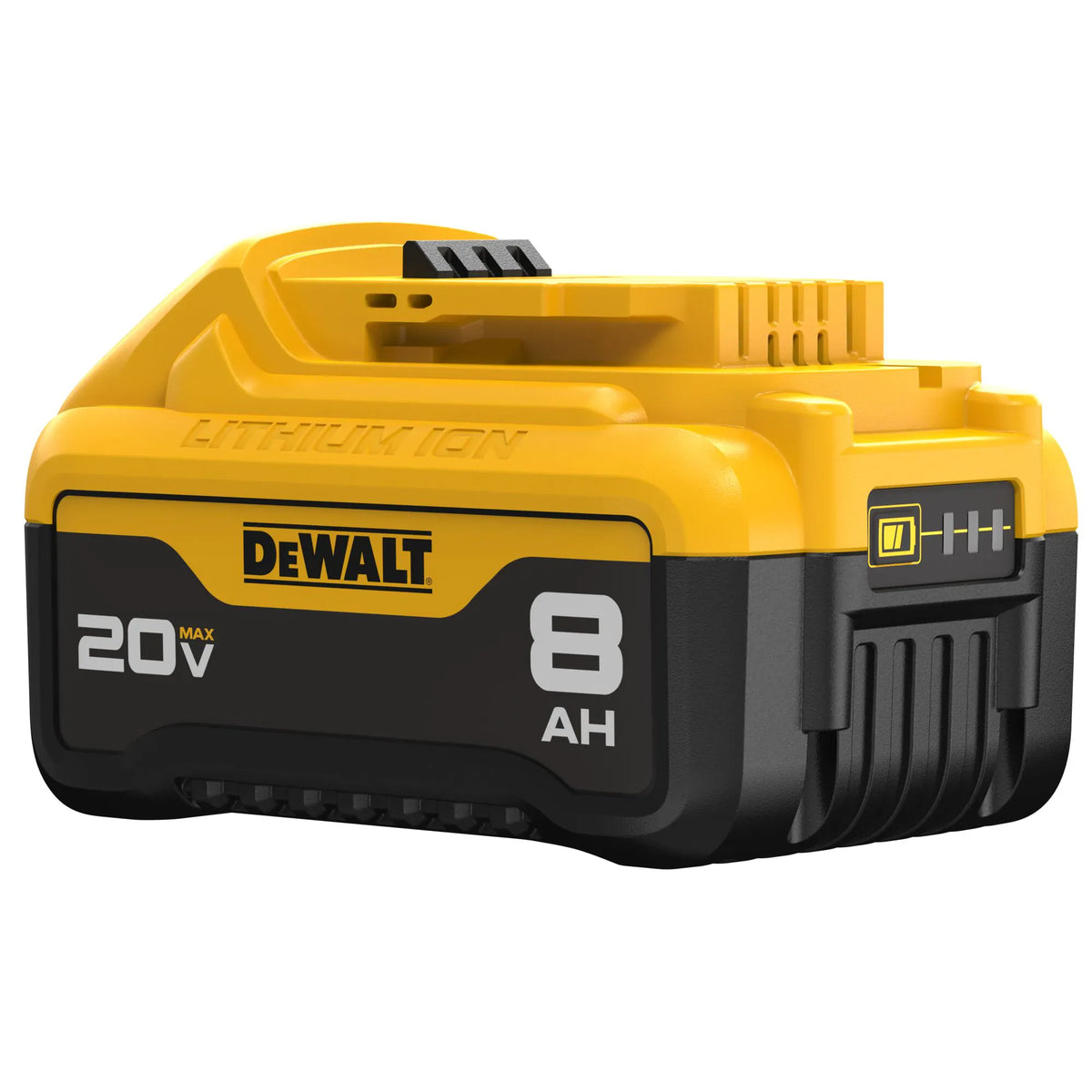 A rear-angle view of the DEWALT 8Ah battery pack focusing on the state of charge indicator. The 3-LED fuel gauge system is shown on the back of the battery, allowing users to quickly verify remaining power levels.