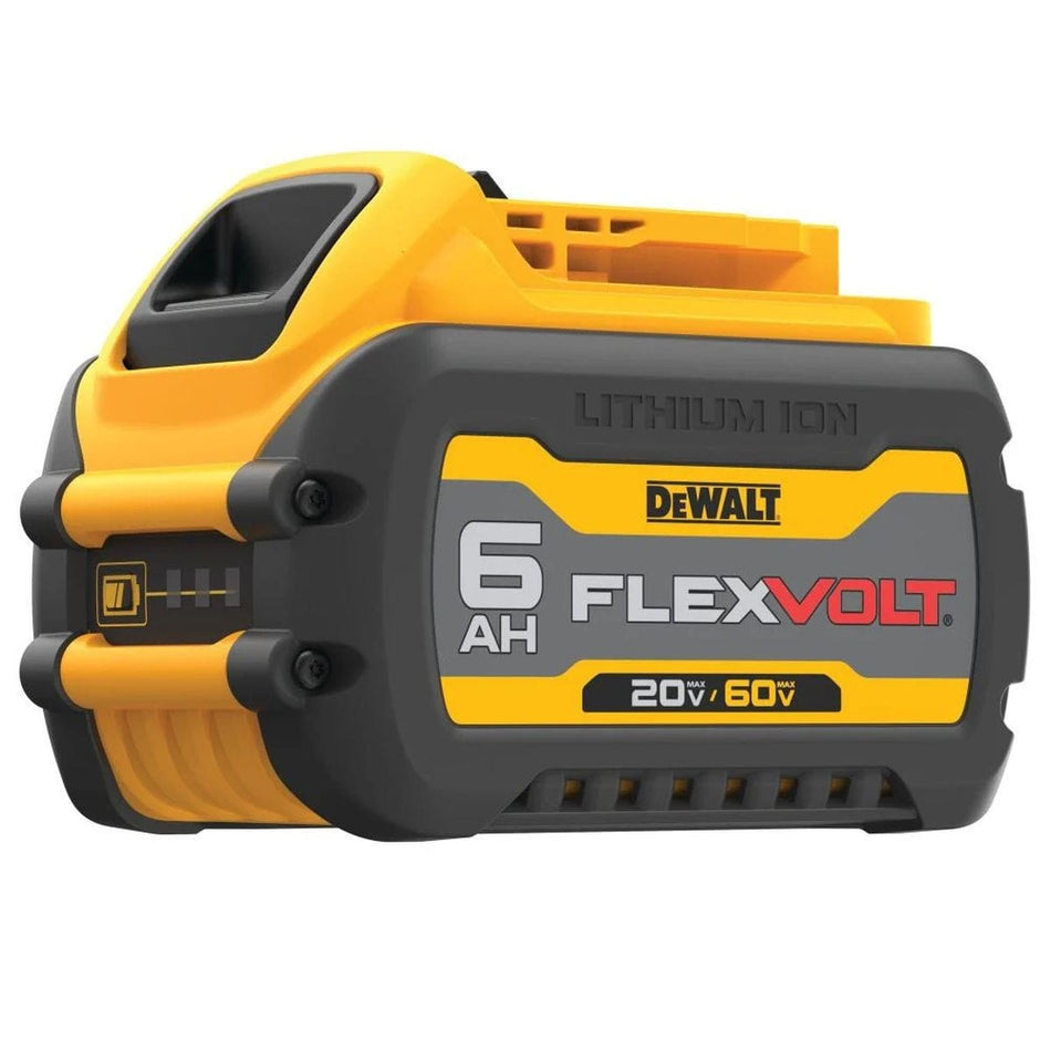 A studio product view of the DEWALT DCB606 FLEXVOLT 20V/60V MAX 6.0Ah lithium-ion battery pack. The high-capacity battery is shown in its rugged black and yellow housing, featuring the FLEXVOLT logo and an integrated 3-LED state of charge fuel gauge.