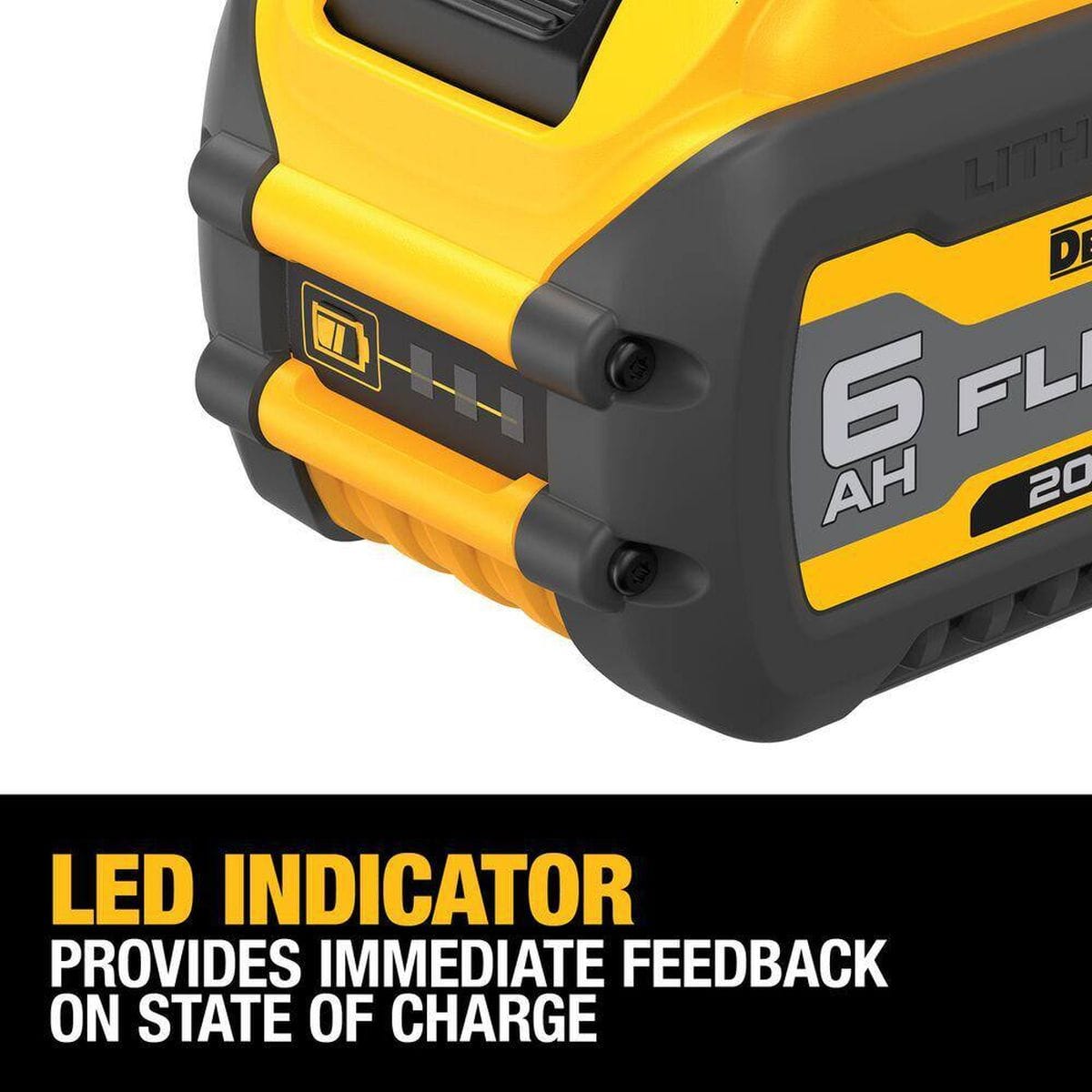 A close-up detail shot of the LED indicator on the DEWALT FLEXVOLT battery. The text explains that the 3-LED fuel gauge provides immediate feedback on the battery's state of charge to prevent unexpected work stoppages.