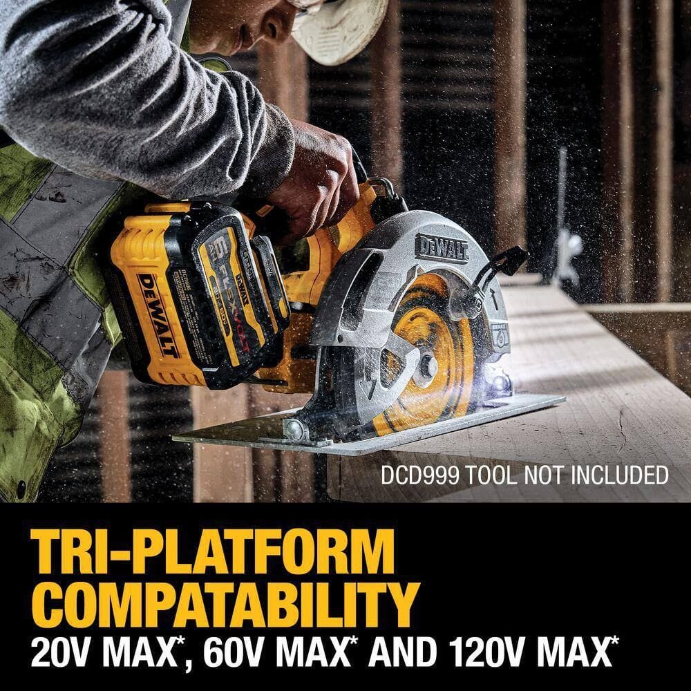 A lifestyle shot of a professional contractor using a DEWALT circular saw powered by the DCB606 FLEXVOLT battery. The graphic emphasizes tri-platform compatibility across 20V MAX, 60V MAX, and 120V MAX tool systems.