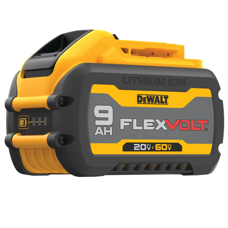 DEWALT DCB609 FLEXVOLT nine amp hour battery pack showing the signature yellow and black structural composite case design with premium brand labeling and the three LED fuel gauge charge indicator layout on the front casing edge isolated on a white background.