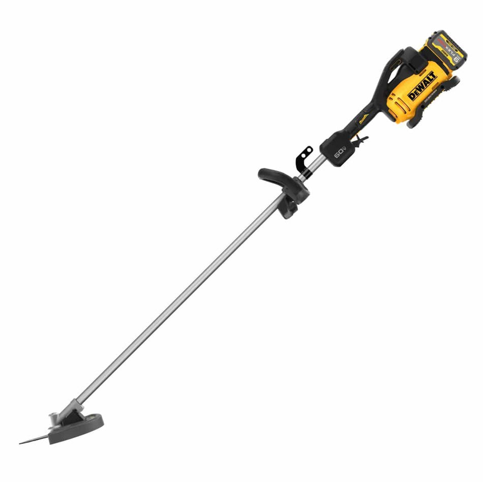 Full side profile of the DEWALT DCBC580 brushless cordless brush cutter highlighting the straight shaft design, ergonomic D-handle, and integrated LED display for professional landscaping.