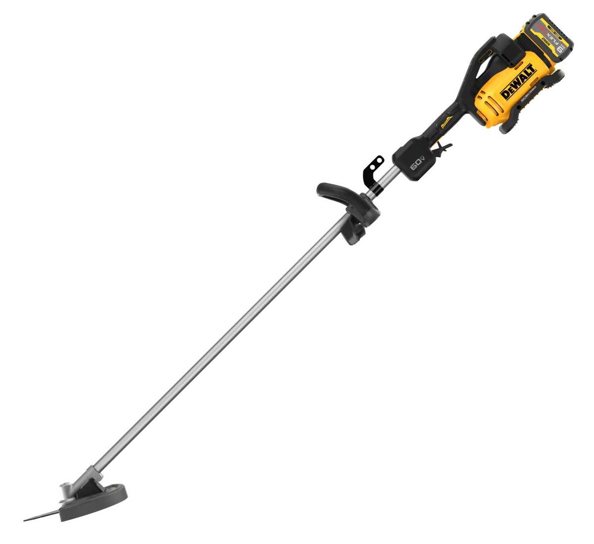 Full side profile of the DEWALT DCBC580 brushless cordless brush cutter highlighting the straight shaft design, ergonomic D-handle, and integrated LED display for professional landscaping.