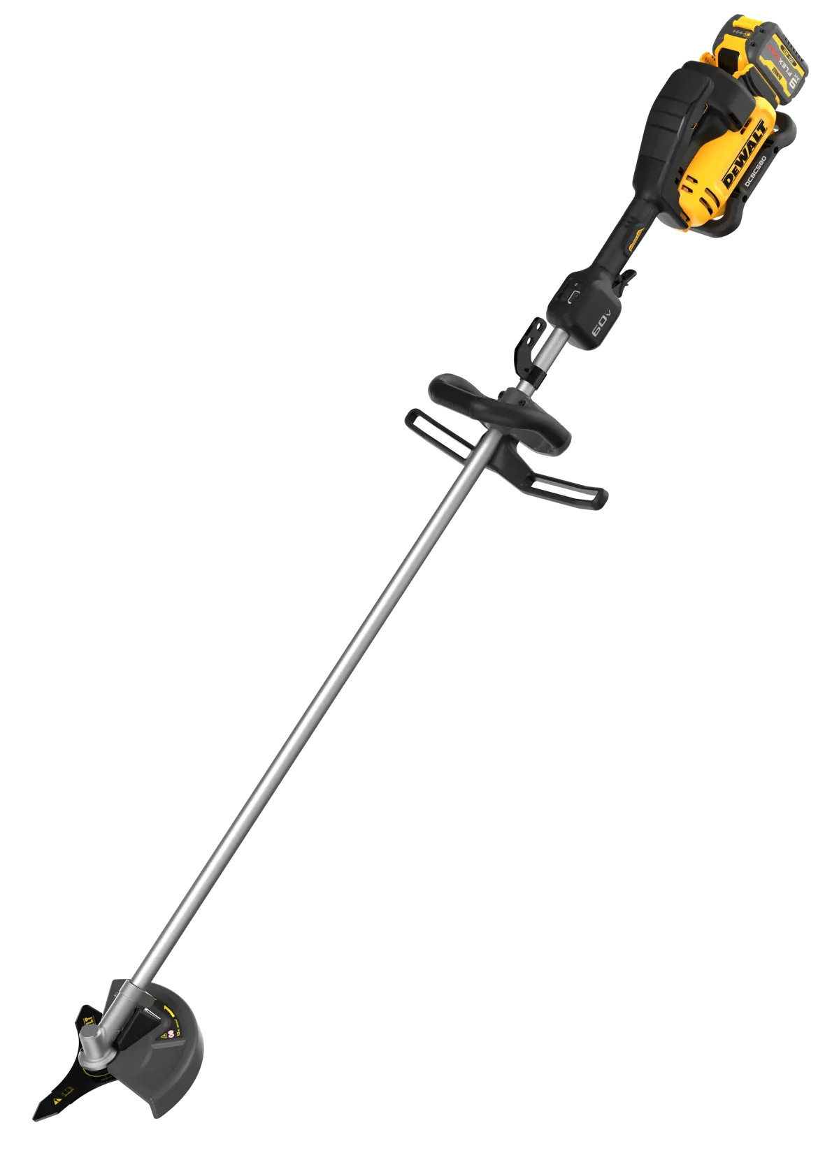 Elevated view of the DEWALT 60V MAX cordless brush cutter illustrating the high-torque brushless motor and 10-inch cutting blade optimized for clearing thick overgrowth and heavy brush.