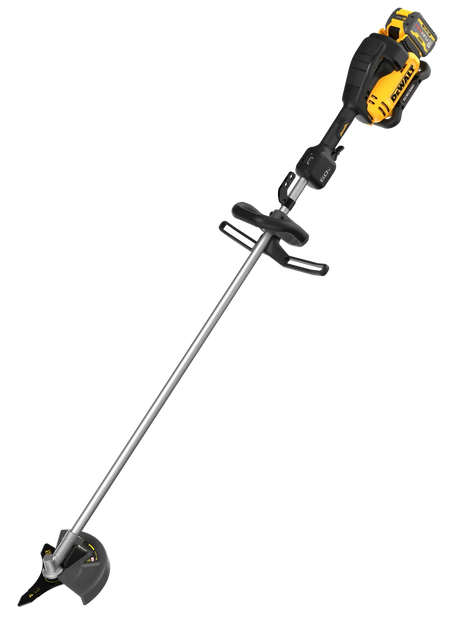Elevated view of the DEWALT 60V MAX cordless brush cutter illustrating the high-torque brushless motor and 10-inch cutting blade optimized for clearing thick overgrowth and heavy brush.