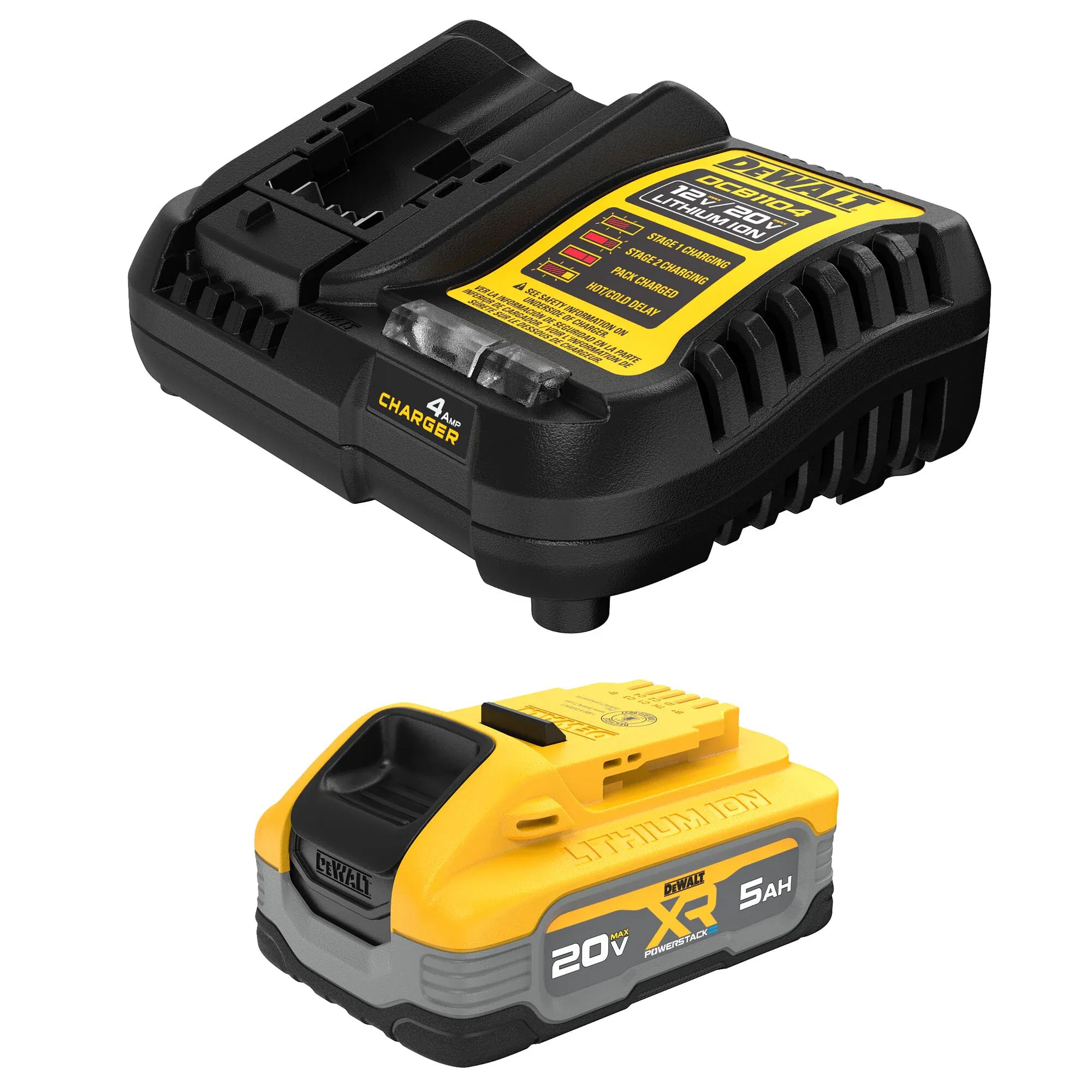 A product kit view showing the DEWALT DCBP520 POWERSTACK 5Ah battery alongside the DCB1104 4-amp fast charger. This image displays the complete starter kit designed to minimize downtime with high-efficiency charging and advanced pouch cell power.