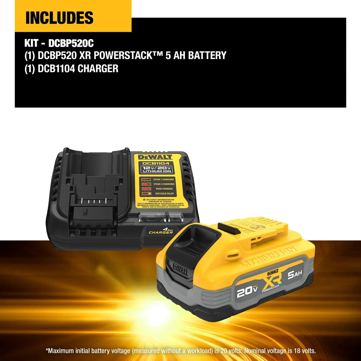 A marketing graphic titled INCLUDES for the KIT - DCBP520C. The visual confirms the contents of the pack: one DCBP520 XR POWERSTACK 5Ah battery and one DCB1104 charger, providing a clear overview of this professional power tool energy solution.