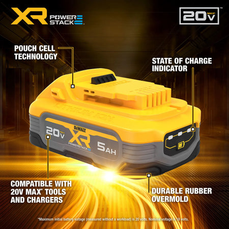 A technical feature infographic for the DEWALT POWERSTACK 5Ah battery. Labels point to the innovative pouch cell technology, the 3-LED state of charge indicator, the durable rubber overmold, and the universal compatibility with all DEWALT 20V MAX tools and chargers.
