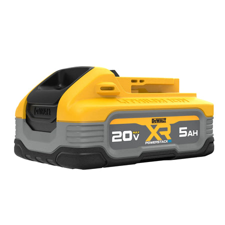 A three-quarter studio view of the DEWALT DCBP520C 20V MAX POWERSTACK battery. The image showcases the ruggedized overmolded housing and the refined industrial design typical of the DEWALT XR high-performance line of power tool accessories.
