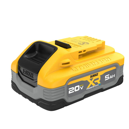 A high-angle perspective view of the DEWALT POWERSTACK 5Ah battery pack. The image highlights the professional yellow and black housing, the secure tool-locking mechanism, and the Lithium Ion branding, illustrating its compatibility with the 20V MAX cordless system.