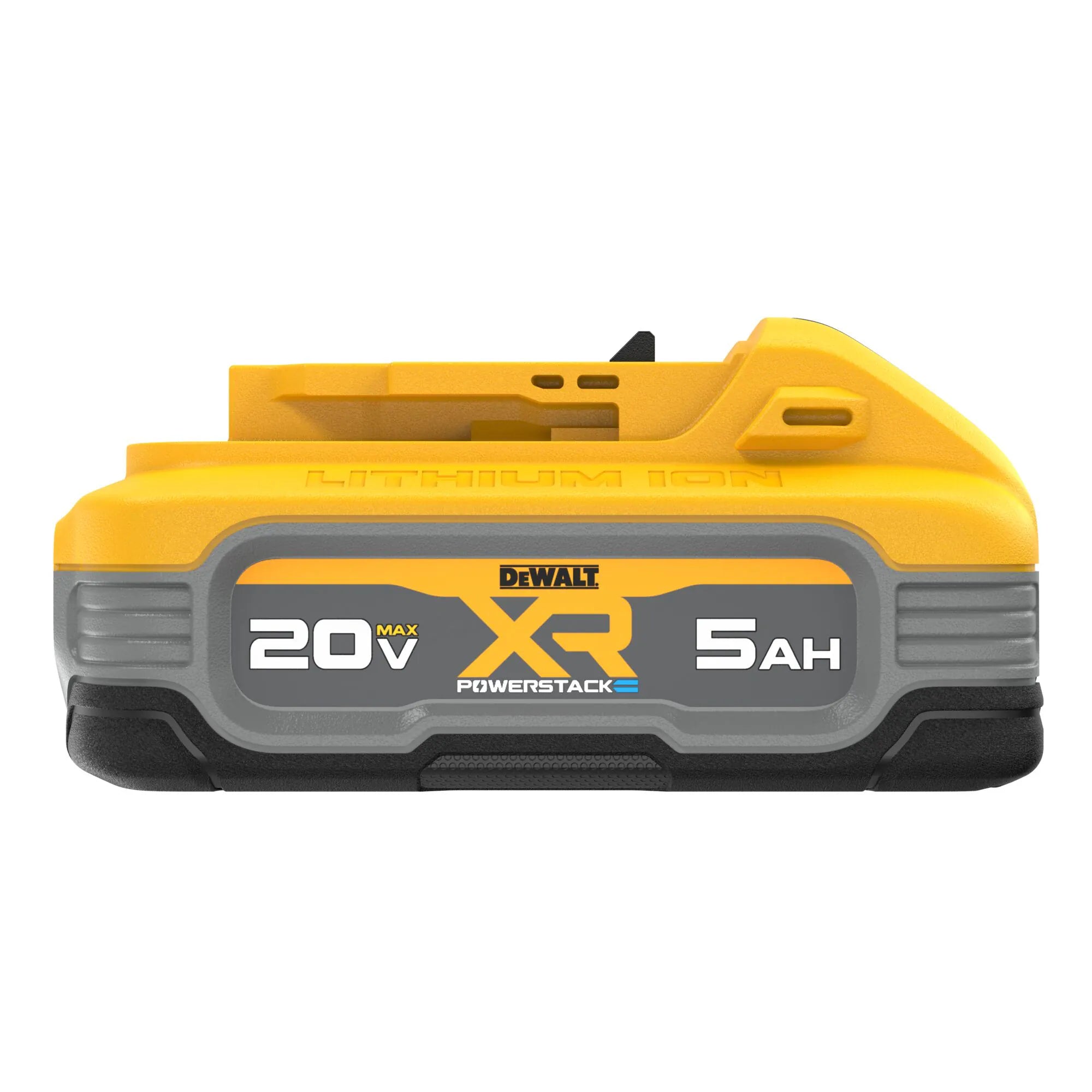 A direct side profile view of the DEWALT DCBP520 20V MAX XR POWERSTACK 5Ah battery. The graphic clearly displays the high-contrast branding and the sleek pouch cell architecture that provides a higher level of efficiency than standard cylindrical cells.