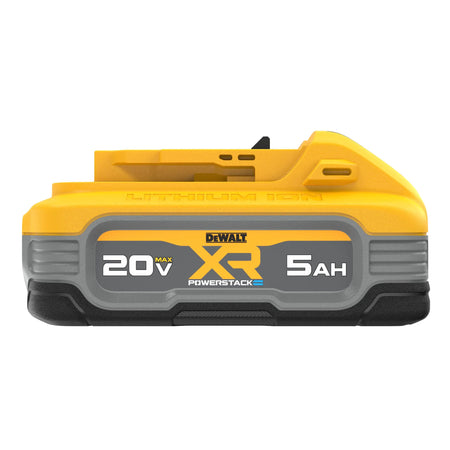 A direct side profile view of the DEWALT DCBP520 20V MAX XR POWERSTACK 5Ah battery. The graphic clearly displays the high-contrast branding and the sleek pouch cell architecture that provides a higher level of efficiency than standard cylindrical cells.
