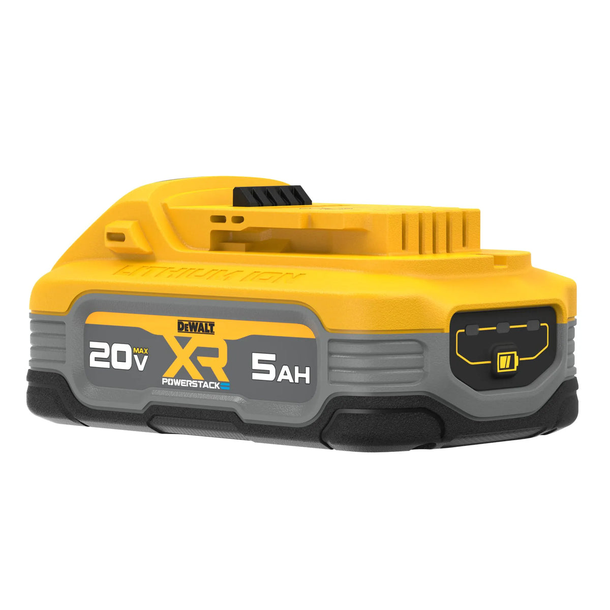 A rear perspective view of the DEWALT POWERSTACK 5Ah lithium-ion battery. The shot focuses on the integrated 3-LED state of charge indicator and the durable rubber overmold base designed to provide impact resistance on the jobsite.