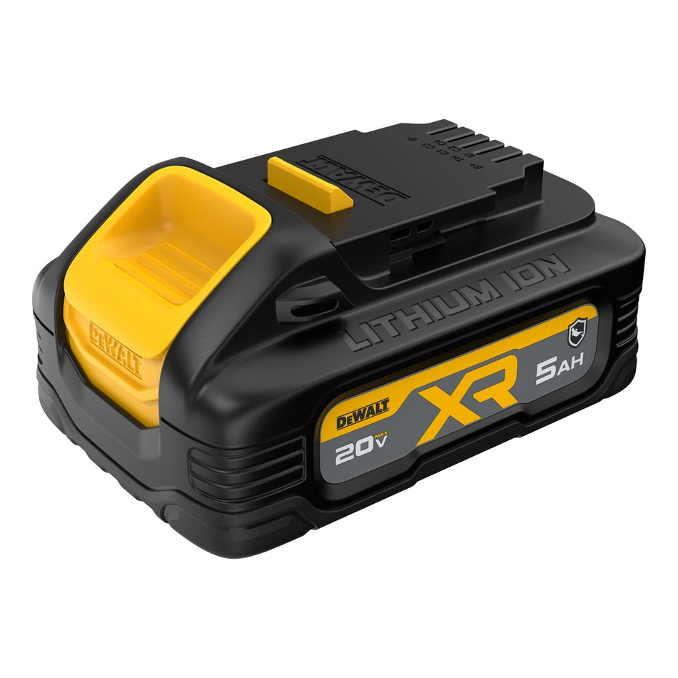 Three-quarter studio view of the DEWALT DCBP520G 20V MAX XR POWERSTACK 5Ah oil-resistant lithium-ion battery highlighting the pouch cell technology and rugged industrial housing.