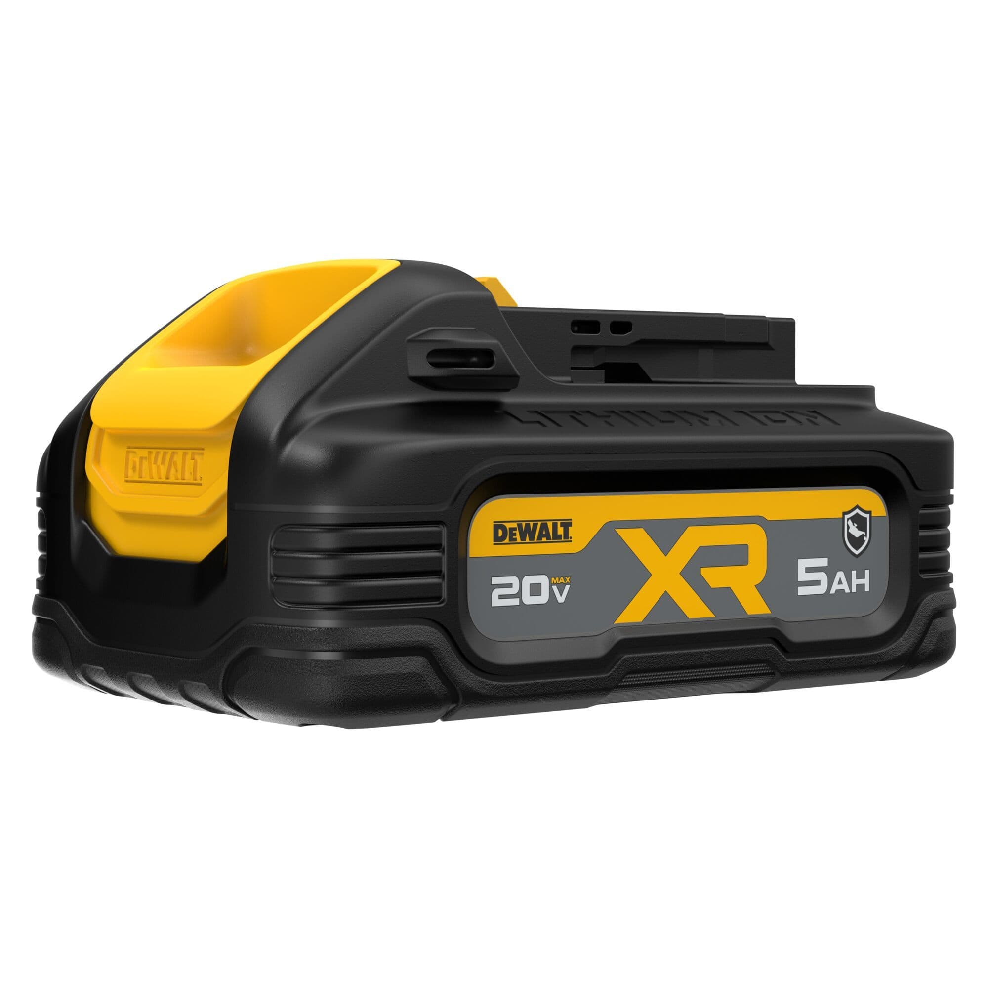 Angled profile of the DEWALT POWERSTACK 5Ah battery pack showcasing the durable yellow and black design with XR branding and high-capacity pouch cell internals for automotive applications.