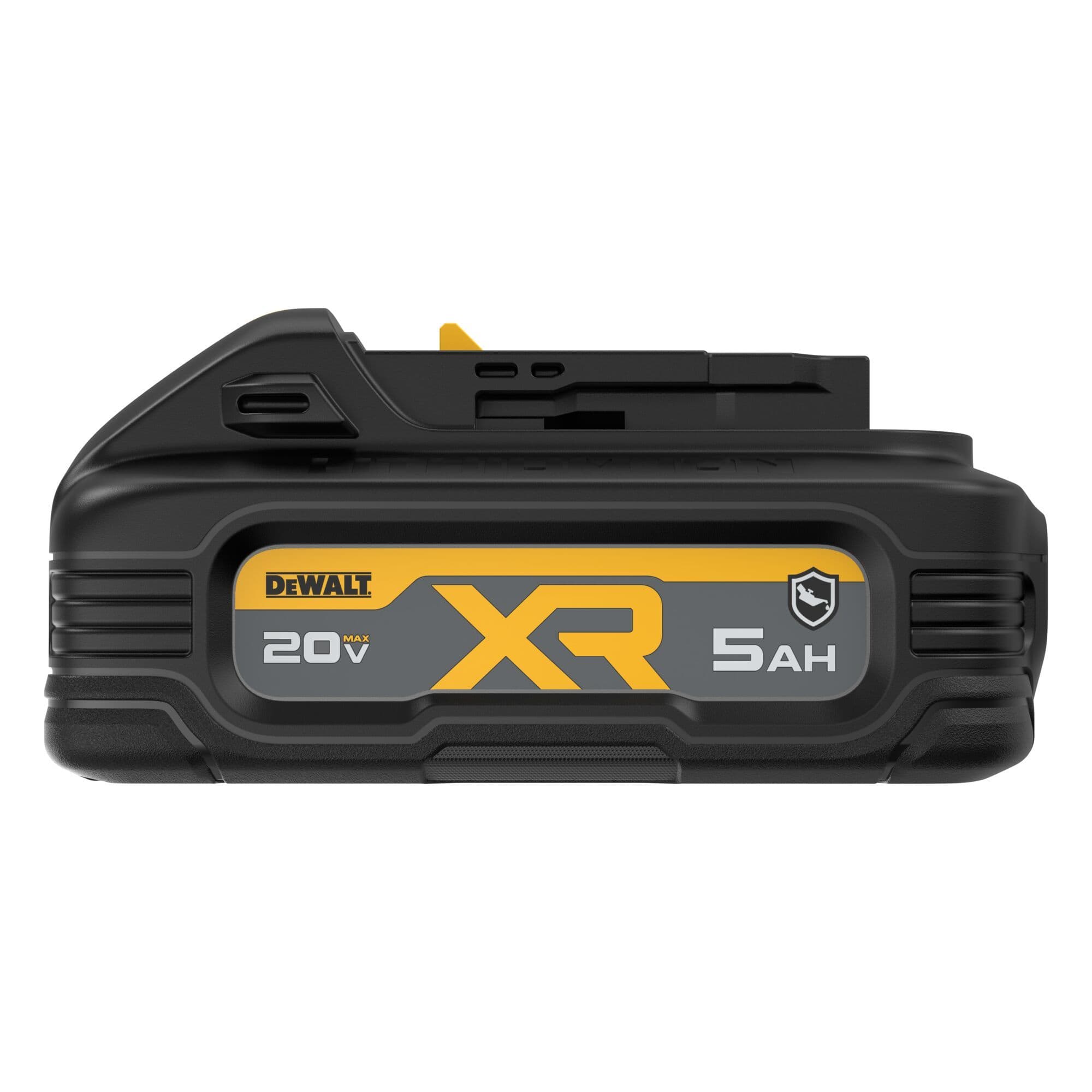 Left side view of the 20V MAX XR POWERSTACK 5Ah battery emphasizing the chemical-resistant casing designed to withstand shop solvents and grease.