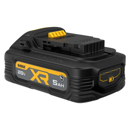 Rear angled perspective of the DEWALT oil-resistant battery showing the 3-LED fuel gauge indicator for quick state-of-charge monitoring on the jobsite.