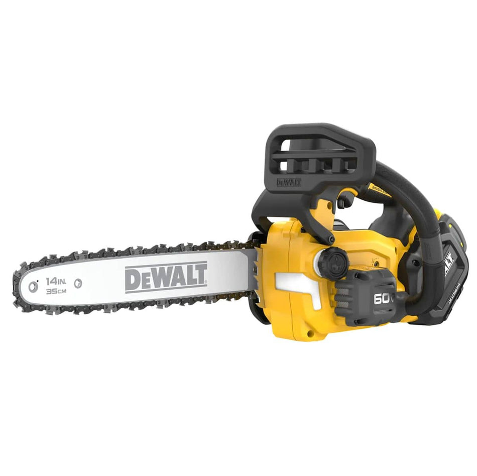 DEWALT DCCS674X2 60V MAX FLEXVOLT 14 inch brushless cordless top handle chainsaw with ergonomic grip, 2.4 HP cutting power, and 60V battery pack for professional tree pruning and arborist work.