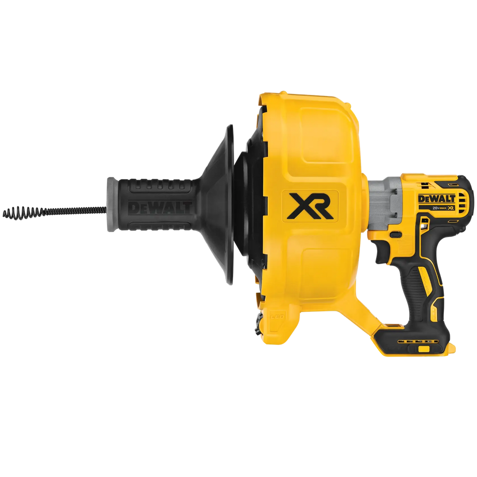 A perspective studio shot of the DEWALT DCD200B 20V MAX XR brushless drain snake featuring the protective fixed outer shroud, ergonomic pistol grip handle, and the black oxide drain cable extending from the nose cone.