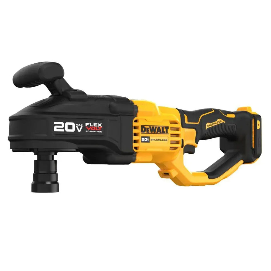 Perspective studio shot of the DEWALT DCD445B 20V MAX FLEXVOLT Advantage brushless stud and joist drill featuring the 7/16 inch hex quick-change chuck and ergonomic top handle for high-torque professional drilling.
