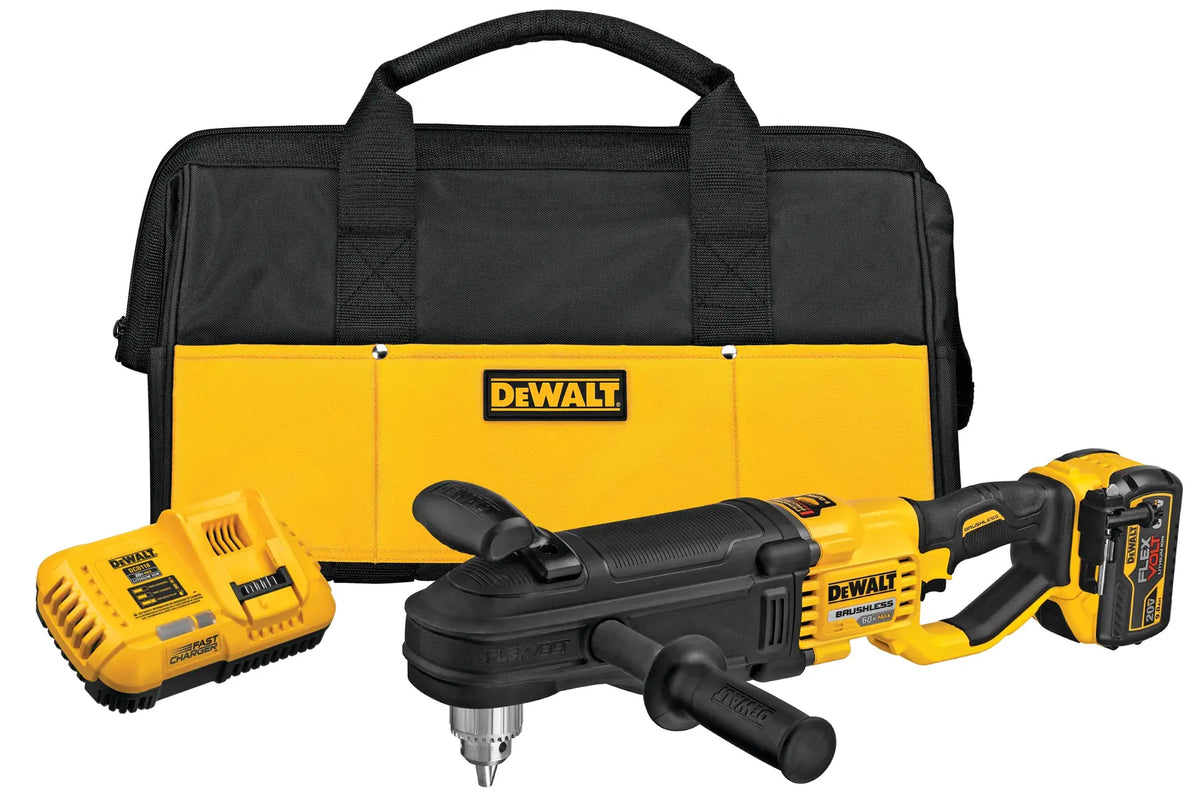 Complete DEWALT DCD470X1 60V MAX cordless in-line stud and joist drill kit, displaying the heavy-duty wood boring tool, a 9Ah FLEXVOLT battery, fast charger, and a durable DEWALT contractor storage bag.