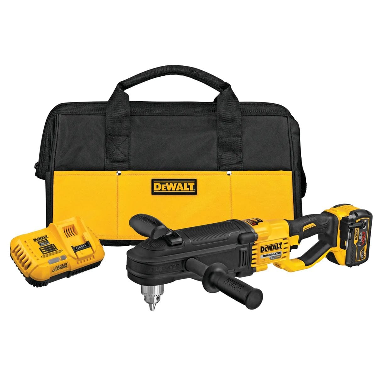 Complete DEWALT DCD470X1 60V MAX cordless in-line stud and joist drill kit, displaying the heavy-duty wood boring tool, a 9Ah FLEXVOLT battery, fast charger, and a durable DEWALT contractor storage bag.