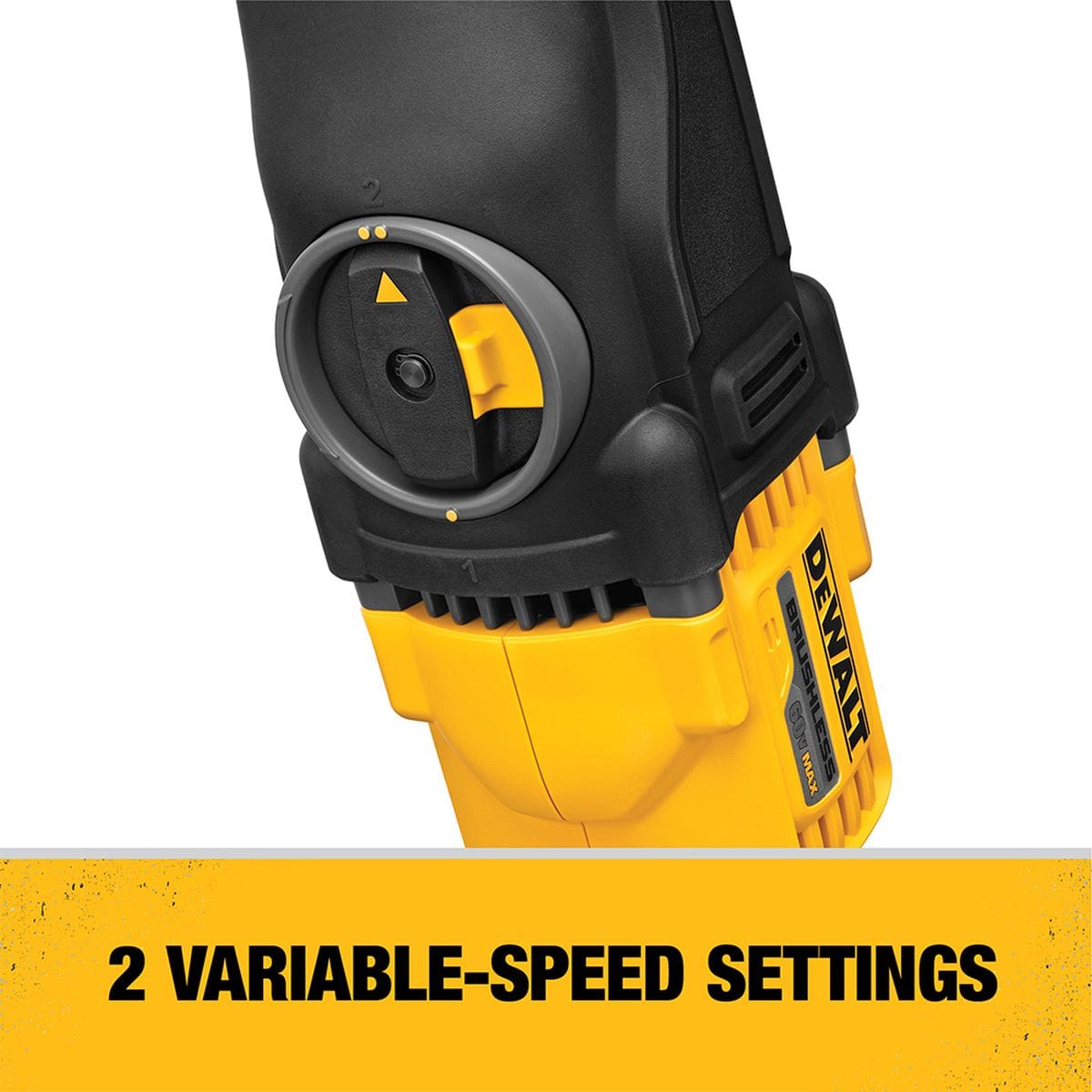 Close-up of the 2 variable-speed settings dial on the DEWALT DCD470X1 60V MAX brushless in-line stud and joist drill, allowing plumbers and electricians to easily control wood boring speeds.
