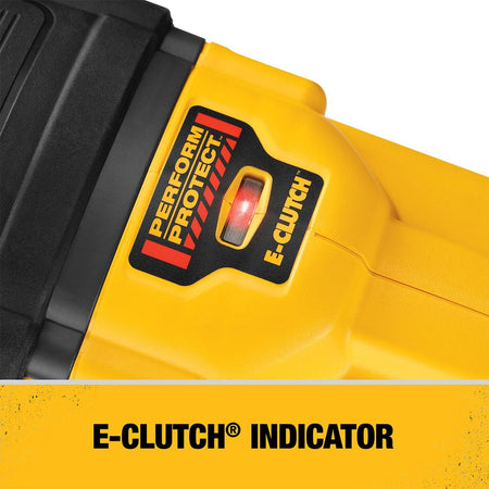 Close-up view of the illuminated red Perform and Protect E-CLUTCH indicator light on the DEWALT 60V MAX cordless stud and joist drill, designed to enhance user safety during heavy-duty wood boring.