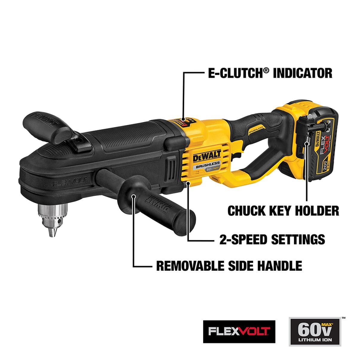 Infographic of the DEWALT DCD470X1 60V MAX brushless cordless in-line stud and joist drill highlighting key features including the E-CLUTCH indicator, chuck key holder, 2-speed settings, and removable side handle.