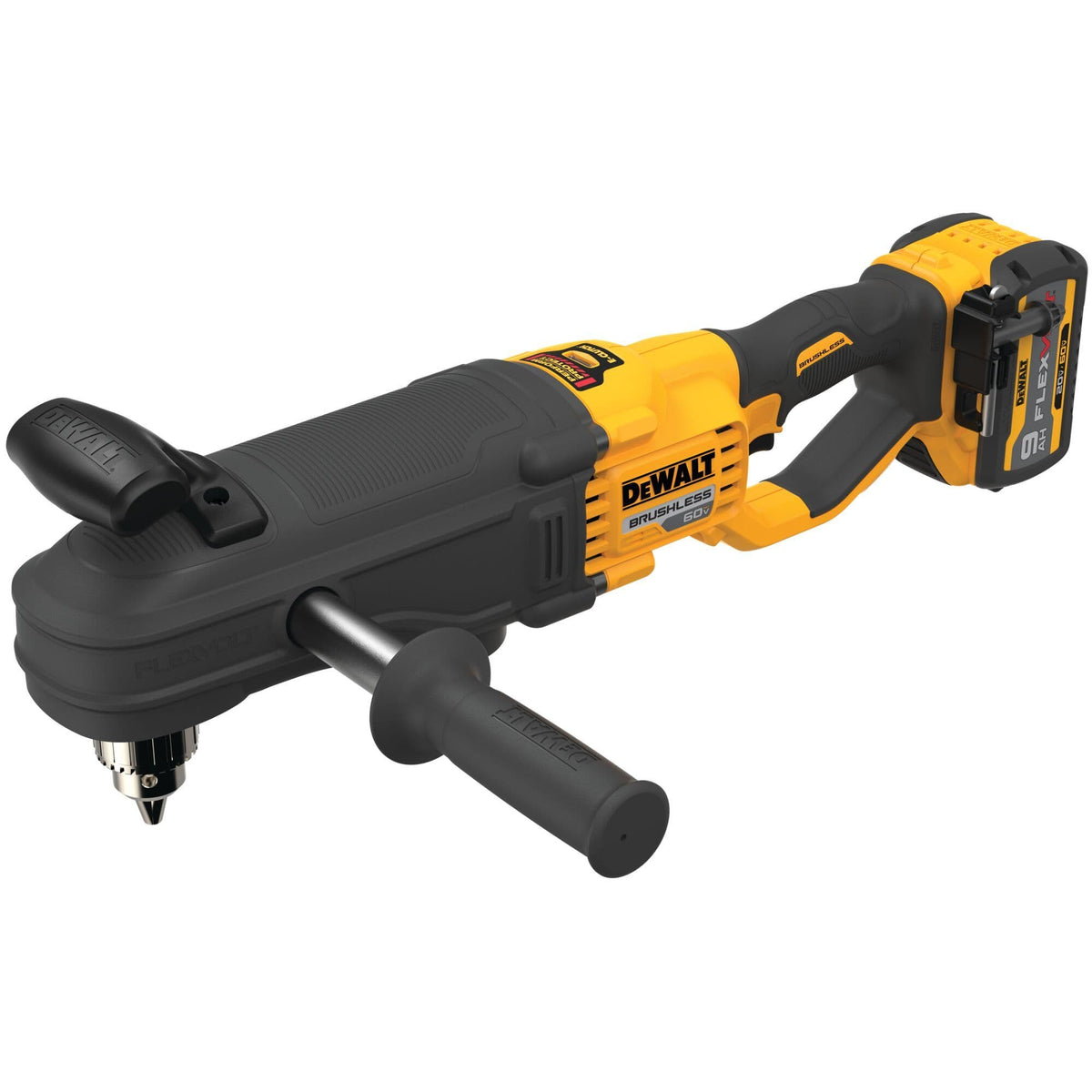 Angled front view of the DEWALT 60V MAX brushless cordless in-line stud and joist drill equipped with a 9Ah FLEXVOLT battery, side handle, and top handle for heavy-duty wood boring.