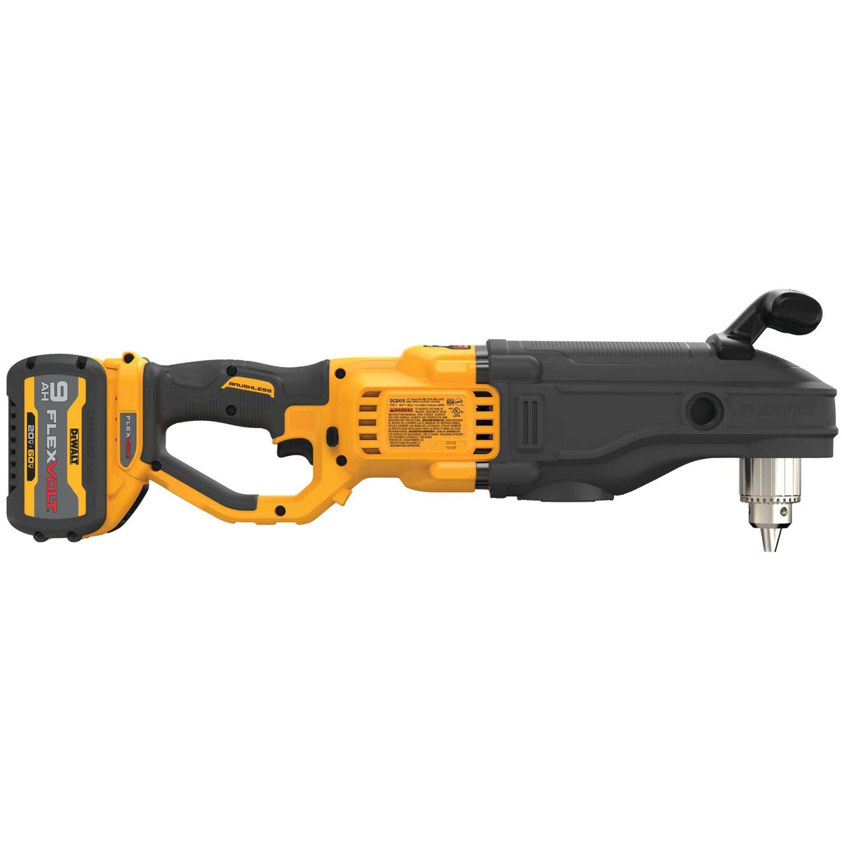 Side profile of the DEWALT DCD470X1 cordless stud and joist drill, showcasing the keyed chuck, ergonomic top handle, and attached 60V MAX FLEXVOLT battery designed for professional applications.