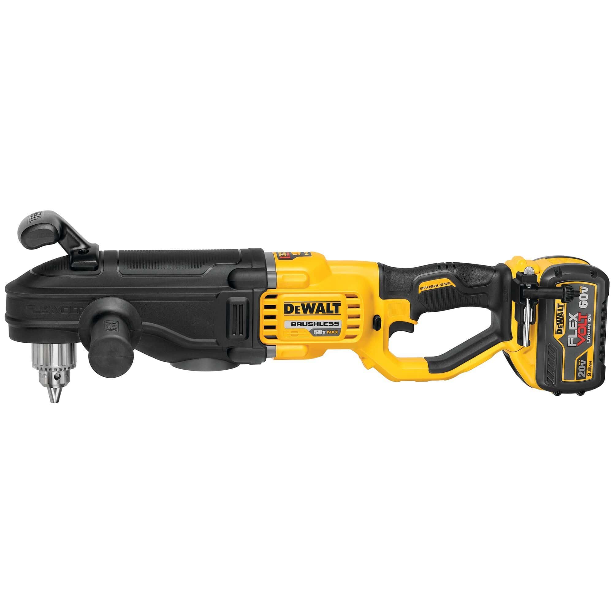 Reverse side view of the DEWALT 60V MAX in-line stud and joist drill, highlighting the durable brushless motor housing and the E-CLUTCH anti-rotation system designed for safe, heavy-duty drilling.