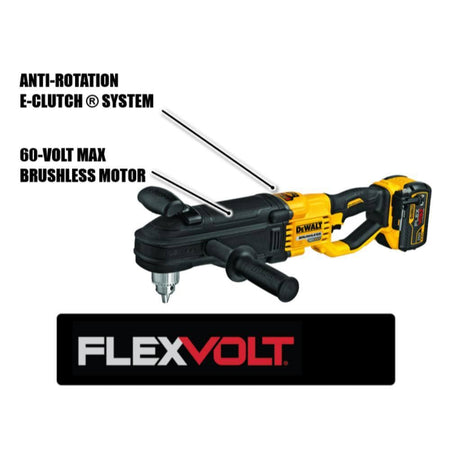 Features graphic for the DEWALT cordless stud and joist drill pointing out the high-efficiency 60-Volt MAX brushless motor and the safety-enhancing Anti-Rotation E-CLUTCH System.