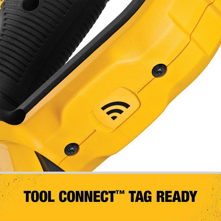 Close-up view of the Tool Connect Tag Ready compartment on the yellow housing of the DEWALT DCD470X1 stud and joist drill, enabling easy inventory tracking for commercial contractors.