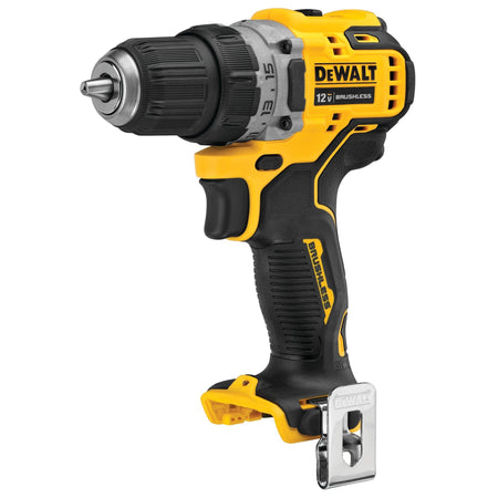 A studio product shot of the DEWALT DCD701B XTREME 12V MAX brushless 3/8-inch cordless drill driver, highlighting its compact 5.97-inch front-to-back length and ergonomic rubberized grip.